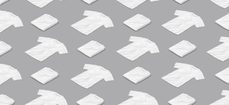 Mockup white blank t-shirts isometric illustration pattern on isolated background. Casual clothes with brand design template 3d objects on gray backgroundのイラスト素材