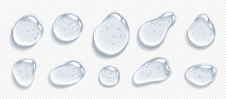 Collagen gel clear drops realistic vector illustration set. Cosmetic serum spots. Anti aging skincare product 3d objects on transparent backgroundのイラスト素材