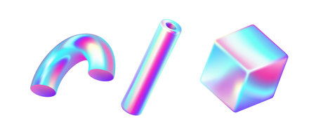 Shiny iridescent geometric shapes realistic vector illustration set. Holographic metal figures design. Futuristic 3d objects on white backgroundのイラスト素材
