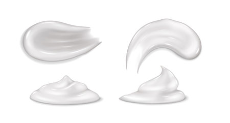 Cream smear set. Natural moisturizing cream gel for skin care. Realistic 3D texture cosmetic spot milk or sunscreen texture. Vector illustration smooth drop moisturizer for body, facial moisturingのイラスト素材