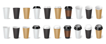 Cardboard coffee cups 3d realistic vector illustration set. Hot drinks disposal mugs design. Coffee to go containers on transparent backgroundのイラスト素材