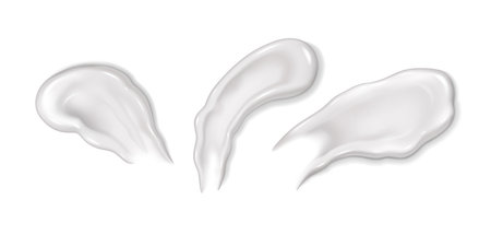 Cream smear set. Natural moisturizing cream gel for skin care. Realistic 3D texture cosmetic spot milk or sunscreen texture. Vector illustration smooth drop moisturizer for body, facial moisturingのイラスト素材
