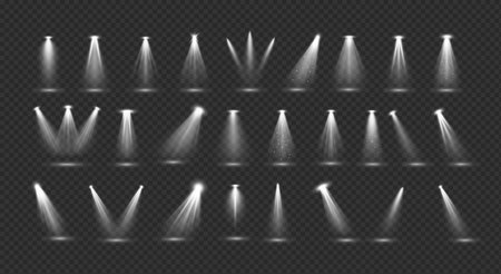 White stage backlight effects 3d realistic vector illustration set. Bright lamps glowing design. Stage spot beams on transparent backgroundのイラスト素材