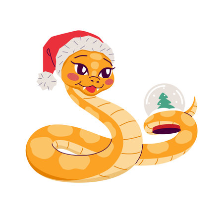 Happy snake with Santa hat and snow globe 2D cartoon character. New year celebration with Chinese symbol isolated vector animal whiteのイラスト素材