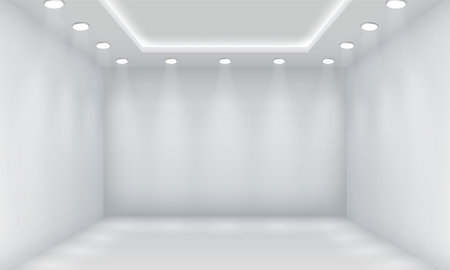 Empty store illuminated by led lamps realistic 3d illustration. Showroom enclosure design. Commercial building interior vector backgroundのイラスト素材