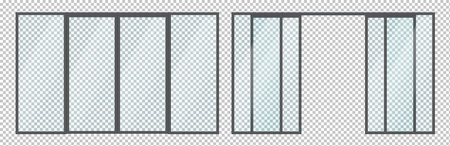 Glass windows of small shops facades with open and closed doors realistic vector illustration. Architecture element 3d object on transparent backgroundのイラスト素材