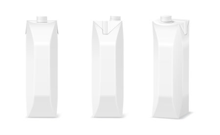 Liquid food product mockup packaging realistic vector illustration set. Recyclable blank packs for milk 3d objects on white backgroundのイラスト素材