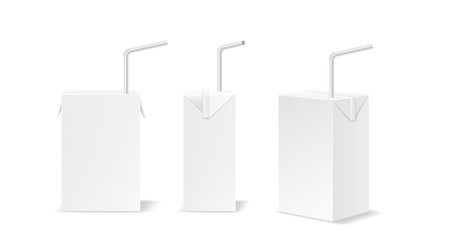 Small copy space boxes of drink with straws realistic vector illustration set. Personal beverage carton packs 3d objects on white backgroundのイラスト素材