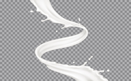 Liquid cream vertical swirl with drops realistic vector illustration. Cosmetic and dairy product texture in motion 3d object on transparent backgroundのイラスト素材