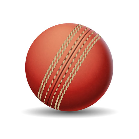 Cricket ball of red leather realistic vector illustration. Sports inventory for team game. Active leisure accessory 3d object on white backgroundのイラスト素材