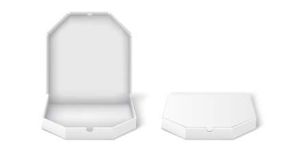 Blank pizza boxes open and closed realistic vector illustration set. Mockup restaurant takeaway food packaging 3d objects on white backgroundのイラスト素材