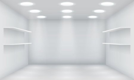 Empty store illuminated by led lamps realistic 3d illustration. Showroom enclosure design. Commercial building interior vector backgroundのイラスト素材