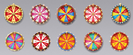Fortune wheels colorful realistic vector illustration set. Luck win spin games. Casino roulettes 3d objects on transparent backgroundのイラスト素材