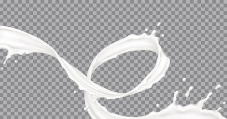 Liquid cream vertical swirl with drops realistic vector illustration. Cosmetic and dairy product texture in motion 3d object on transparent backgroundのイラスト素材
