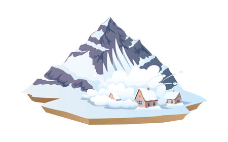 Avalanche in mountain village 2D cartoon objects. Dangerous nature disaster with snow at highland isolated line vector scene on white backgroundのイラスト素材