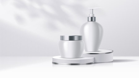 Cosmetic products bottles on podium in palm shadow realistic vector illustration. Beauty care promotion stage 3d objects on white backgroundのイラスト素材
