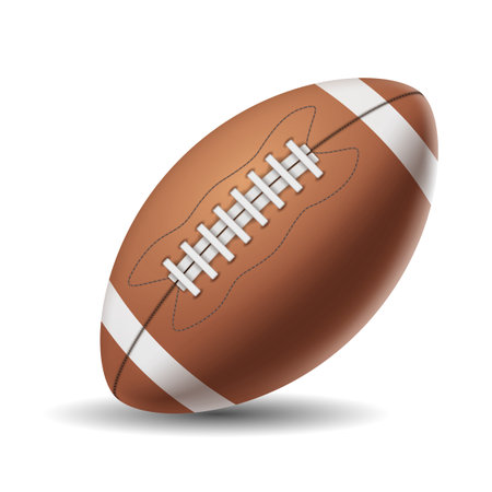 American football ball vector illustration. Brown leather accessory for rugby game. Sports inventory 3d object on white backgroundのイラスト素材