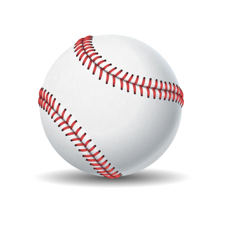 Baseball ball with red seams realistic vector illustration. American team sports game inventory. Active leisure 3d object on white backgroundのイラスト素材