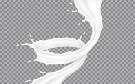 Liquid cream vertical swirl with drops realistic vector illustration. Cosmetic and dairy product texture in motion 3d object on transparent backgroundのイラスト素材
