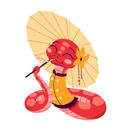 Cute snake in Asian clothes with umbrella 2D cartoon character. Chinese horoscope for New year isolated vector animal white backgroundのイラスト素材