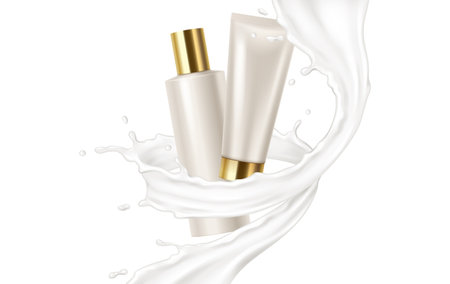 Blank tube in creamy swirl realistic vector illustration. Moisturizing product. Anti-aging care advertisement 3d objects on white backgroundのイラスト素材