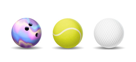Bowling, tennis and golf balls realistic vector illustration set. Sports inventory. Equipment for active leisure 3d objects on white backgroundのイラスト素材