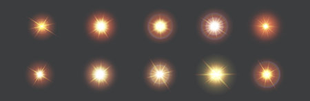 Golden sparkling lights of sun realistic vector illustration set. Sparks with rays. Blasts of glaring sunlight 3d elements on dark backgroundのイラスト素材
