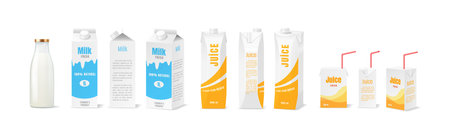 Eco friendly packaging for milk and juice realistic vector illustration set. Recyclable packs for drinks 3d objects on white backgroundのイラスト素材