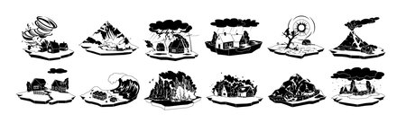 Natural disasters variation black and white 2D cartoon objects set. Accidents surviving isolated vector monochrome items collectionのイラスト素材