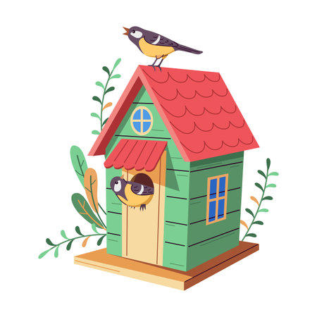 Birdhouse with two stories and small terrace 2D cartoon object. Sparrow sitting on feeder flat line vector image on white backgroundのイラスト素材