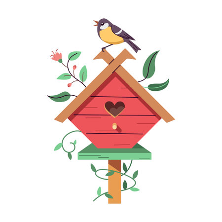 Birdhouse with titmouse and vine plant 2D cartoon object. Cute home for birds on pole flat line vector elements white backgroundのイラスト素材