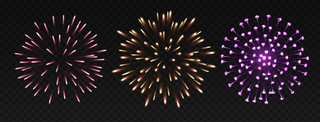 Festive fireworks in night sky realistic vector illustration set. Awe explosions for holiday event 3d elements on transparent backgroundのイラスト素材