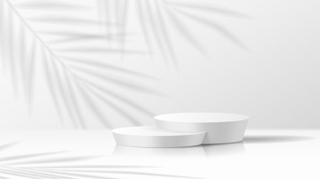 Mockup stage with palm branch shadow realistic vector illustration. Empty showcase. Product presentation podium 3d object on white backgroundのイラスト素材