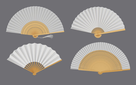Vintage oriental foldable fans of bamboo and paper realistic vector illustration set. Asian air blowing accessories 3d objects on grayのイラスト素材
