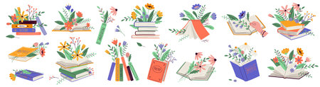 Books with spring and summer flowers 2D cartoon objects set. Literature and blossom isolated line vector elements white backgroundのイラスト素材