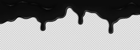 Flowing sticky liquid dark ink creating a wave of thick black oil or bitumen paint on transparent background. Realistic 3D vector illustration of top horizontal frameのイラスト素材