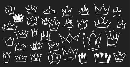 Set of black and white crown shaped doodles on isolated dark background. Different sizes, embellishments. Set for decorating graphic or art projects.のイラスト素材