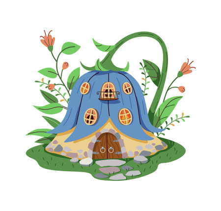 Magical cartoon house of a gnome or fairy made of a large bell shaped flower. The house is on a green lawn decorated with flowers and leaves. The house has a wooden door and windowsのイラスト素材