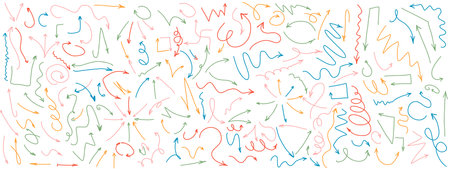 Funny arrows color doodle 2d line vector artwork bundle on white background. Navigation pointers isolated hand drawn illustration setのイラスト素材