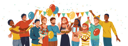 Diverse group birthday party in color flat cartoon style. Friends enjoying with bright and festive set on white backgroundのイラスト素材