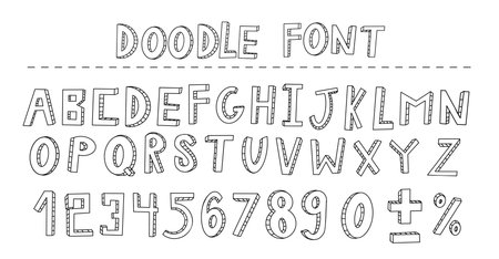 Doodle font with alphabet and numbers line vector icons bundle on white background. English Letters and digits hand drawn monochrome illustration setのイラスト素材