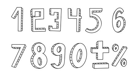 Set features variety of doodle font digits on white background. Each figure depicted in charming monochrome line art style perfect for artistic designsのイラスト素材