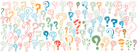 Bundle shows variety of multicolored question marks. Collection of icons illustrating mystery of...