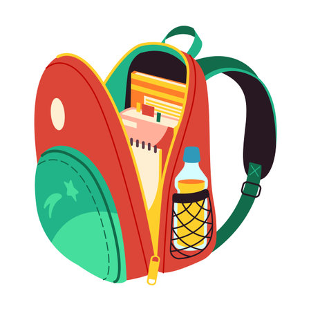 School backpack icon with academic supplies on white background. Iconographic representation of school featuring books perfect for educational graphicsのイラスト素材