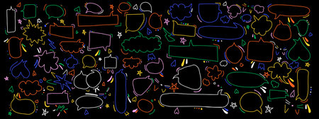 Chat balloons doodle line strokes vector icons on black background. Speech babbles with ornaments...