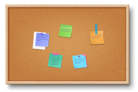 Pin board with meme stickers realistic vector illustration. Office info board. Task reminders screen for employees 3d object on white backgroundのイラスト素材