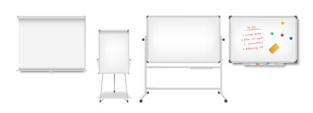 Office presentation boards collection on white background. Whiteboards used for meetings presentations and collaborative work 3d objectsのイラスト素材