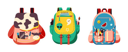Flat design student backpacks set on white background. Line vector elements depicting young student backpacks equipped with various stationery suppliesのイラスト素材