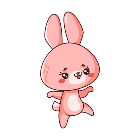 Cute dancing girl rabbit flat color vector illustration. Kids entertainment. Playful little bunny enjoying music icon on white backgroundのイラスト素材