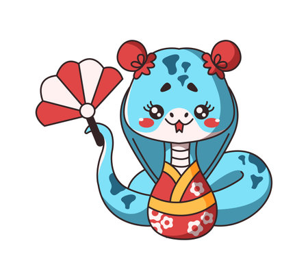 Chinese female snake in colorful kimono holding fan flat color vector image. Kawaii character symbolizes New Year with traditional attire on whiteのイラスト素材